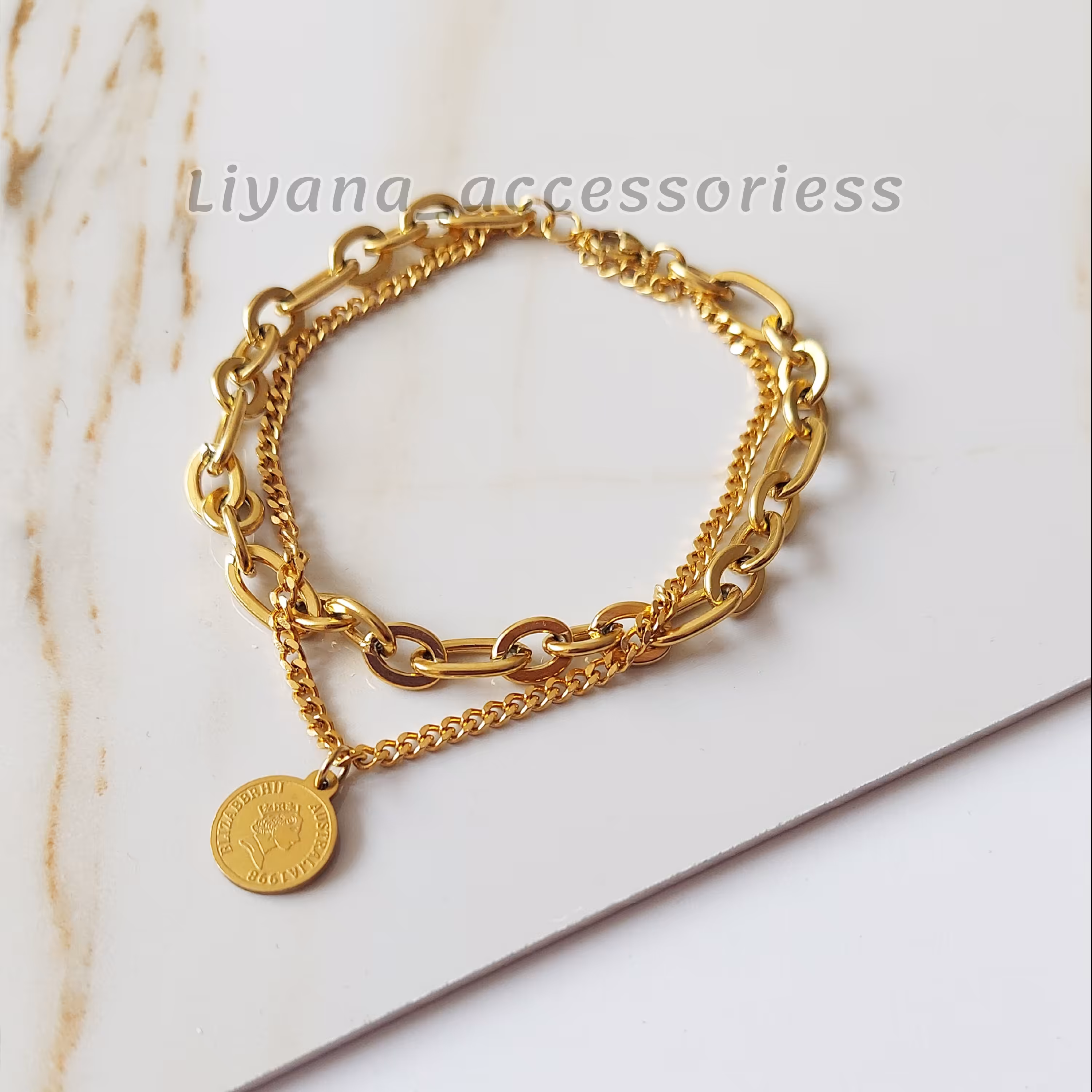 دستبند تمام استیل رنگ ثابت دو ردیفه با سکه دو روی الیزابت 