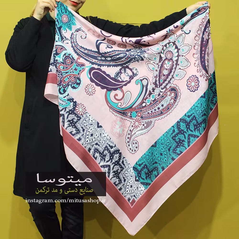 روسری ترکمن نخ ترک بدون ریشه طرح نواری صورتی