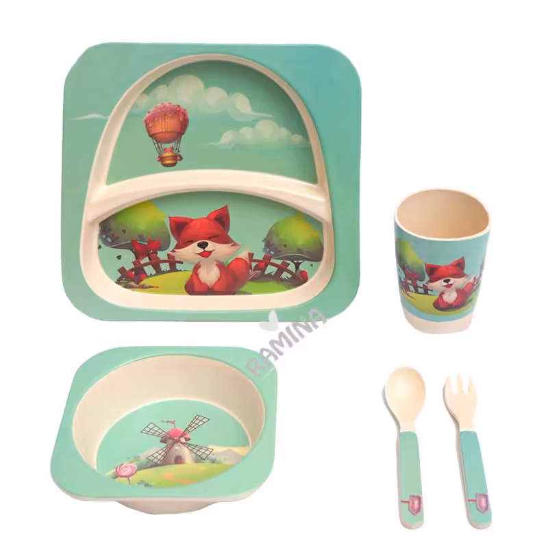 ست ظرف غذای گیاهی کودک بامبو طرح مربعی