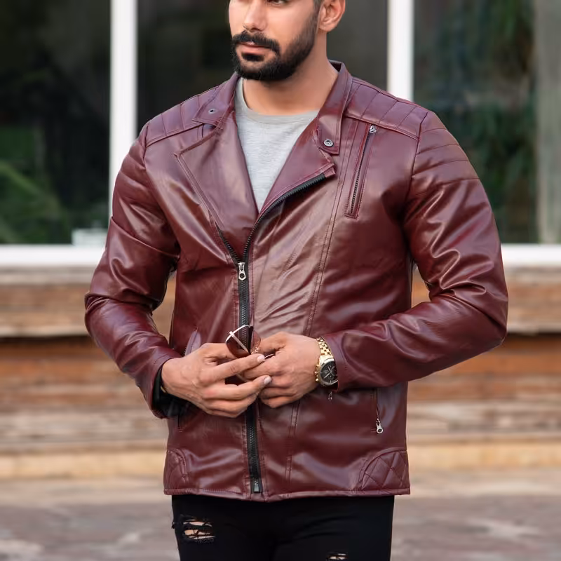 کاپشن چرم زیپ کج عنابی

