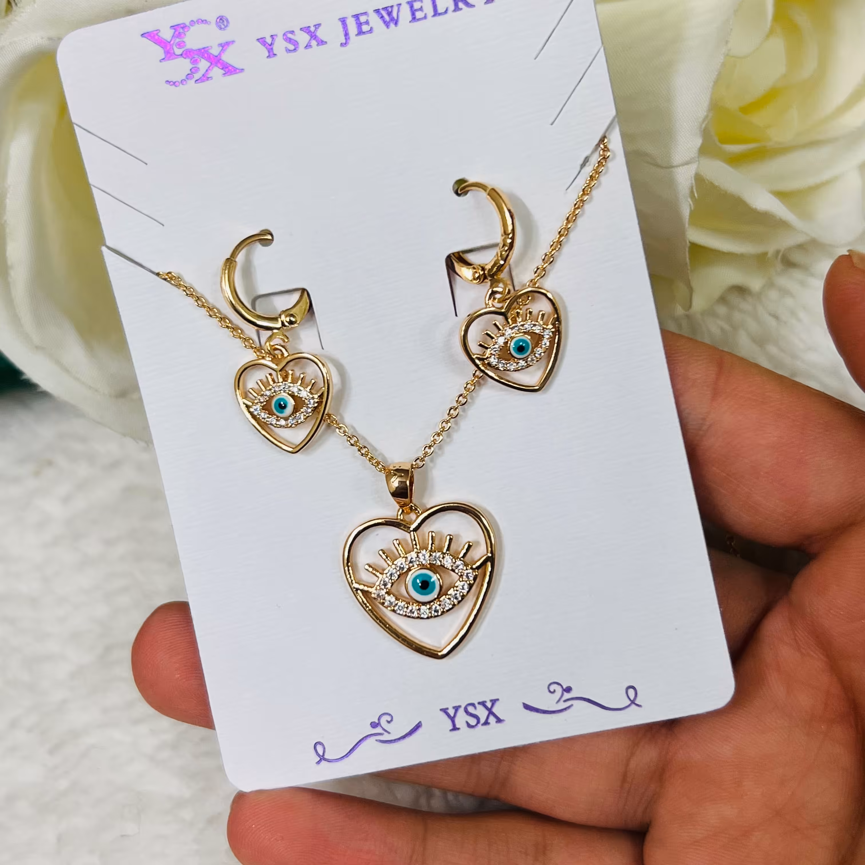 نیم ست طرح چشم نظر با رنگ ثابت و آبکاری طلا و مشابه طلا 