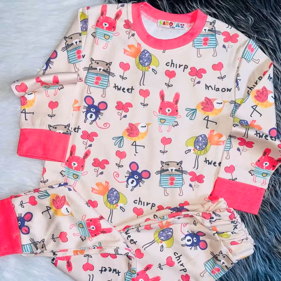 بلوز و شلوار راحتی پنبه طرح موش و گربه مناسب 2 تا 7 سال سایزهای 40 تا 60 