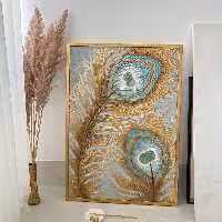 تابلو نقاشی پر طاووس دو تایی برجسته ورق طلا