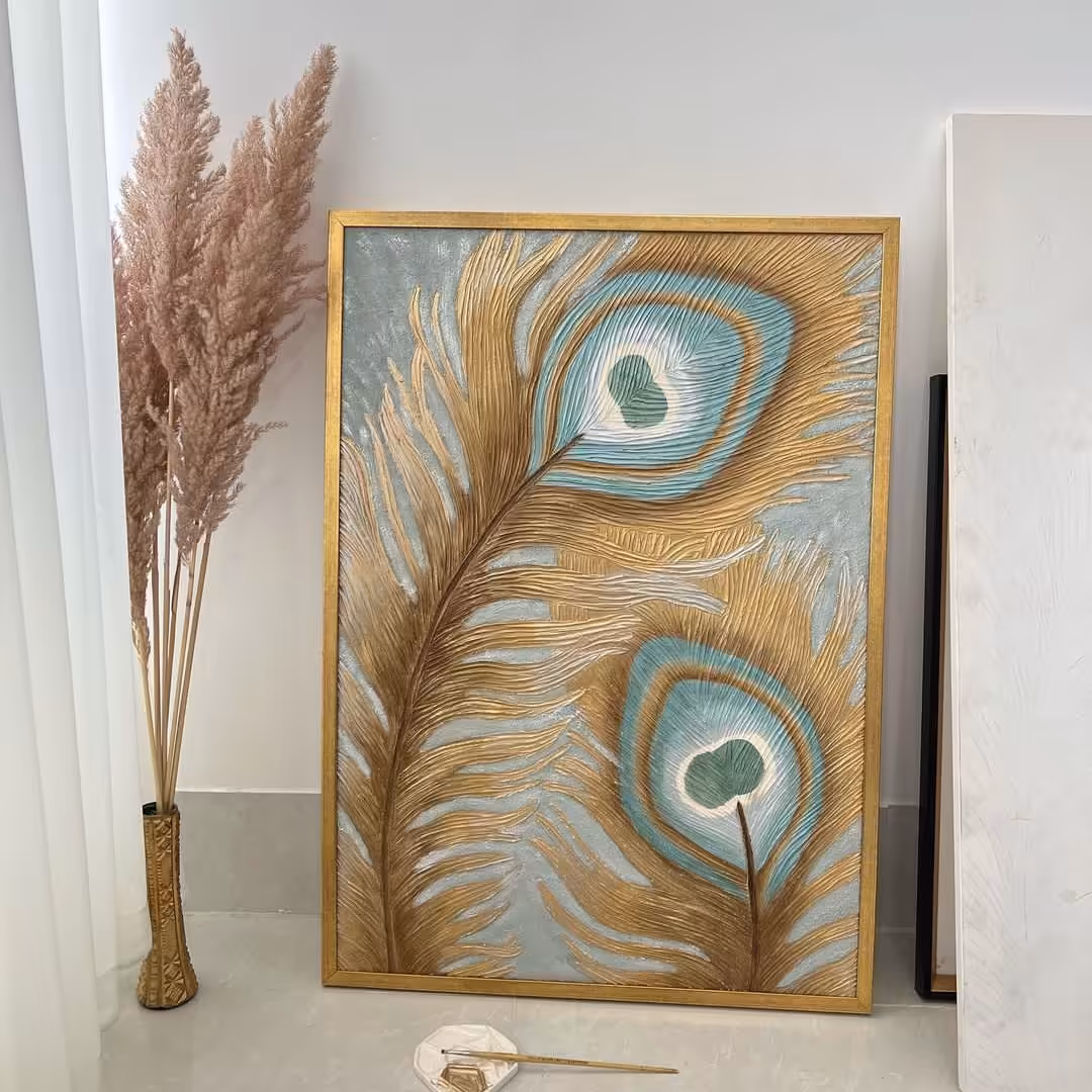 تابلو نقاشی پر طاووس دو تایی برجسته ورق طلا