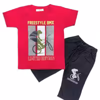  تیشرت وشلوارک دوچرخه سوارراه راه پسرانه پنبه زرشکی مشکی سایز50 مناسب 5تا7 سال درpikmode