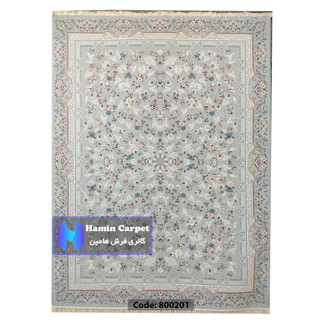 فرش 12 متری 700شانه تراکم 2550 نخ آکلریک رنگ زمینه نقره ای کد AR800201