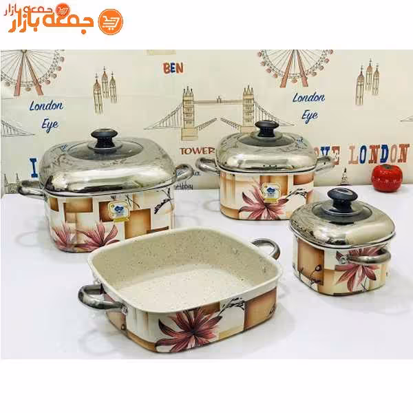 سرویس قابلمه گرانیتی هفت پارچه جی ان جی گلدار مربع