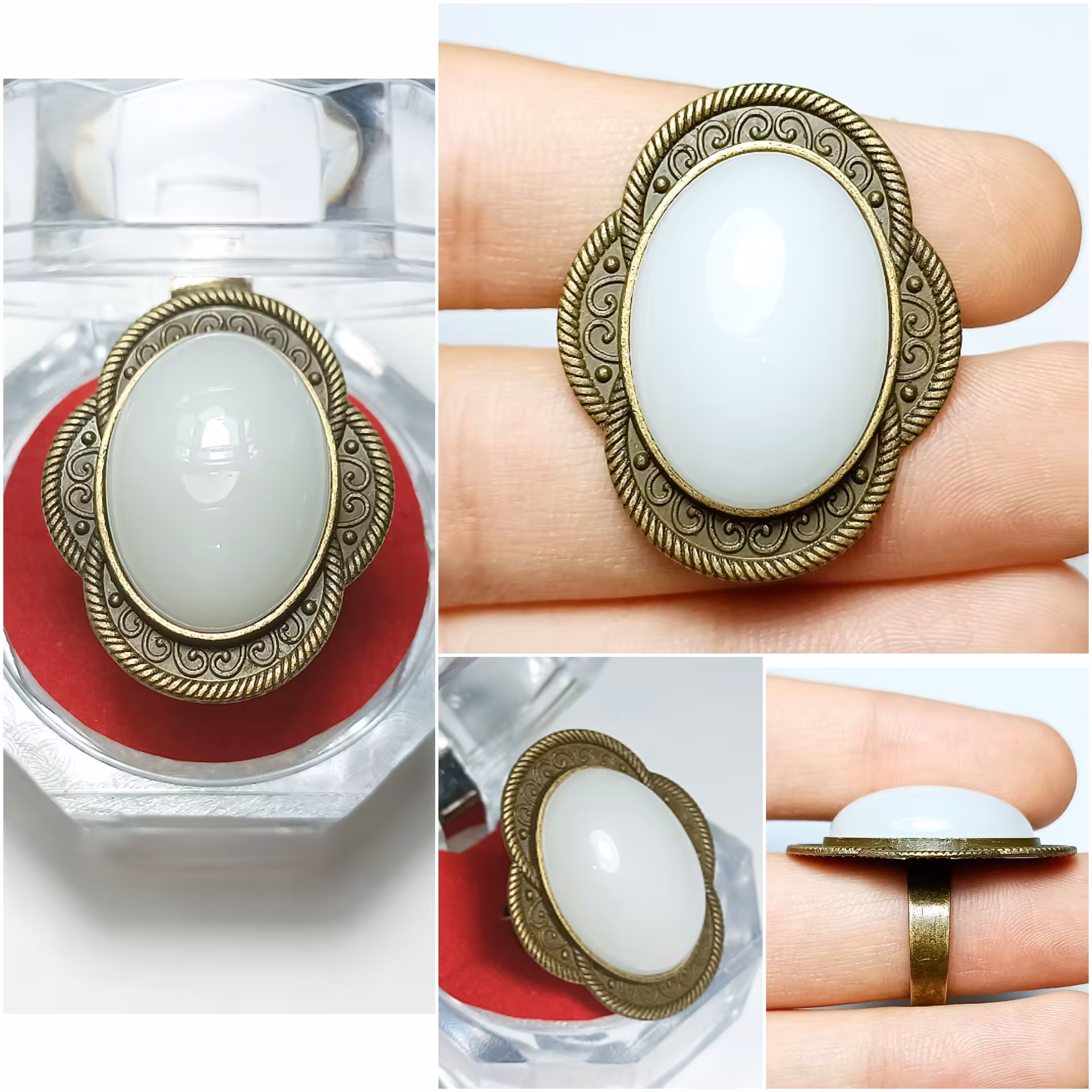 انگشتر برنز با نگین عقیق طبیعی (سفید)