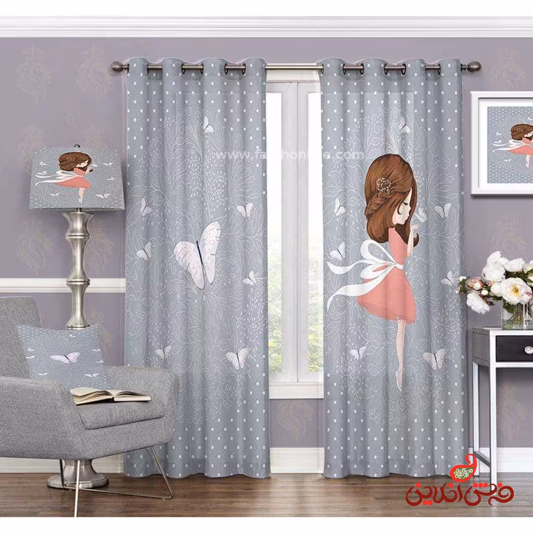 پرده 2عددی کودک طرح دختر و پروانه کد 3120