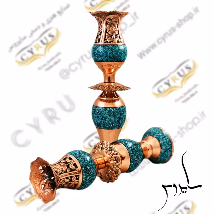 لاله فیروزه کوبی 43 سانتی قلم زنی شده شبکه ای چراغ نفتی فیروزه کوبی نیشابور صنایع دستی سایروس 