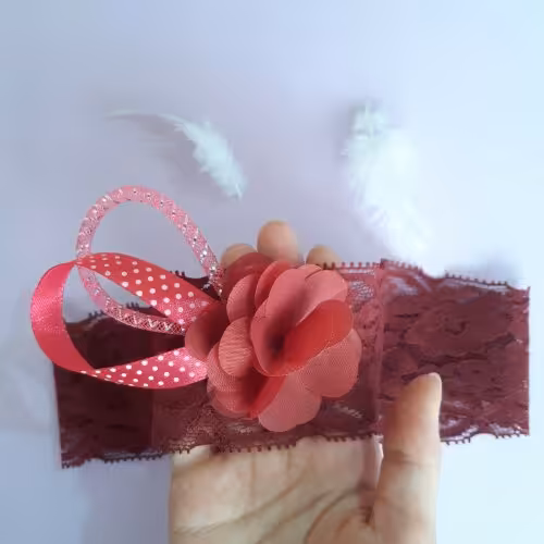 هد بند توری کشی زرشکی گلدار