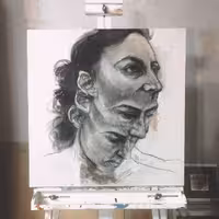 تابلو سه چهره ، تکنیک اکریلیک و زغال روی بوم ، ابعاد 60 در 60 سانتی متر