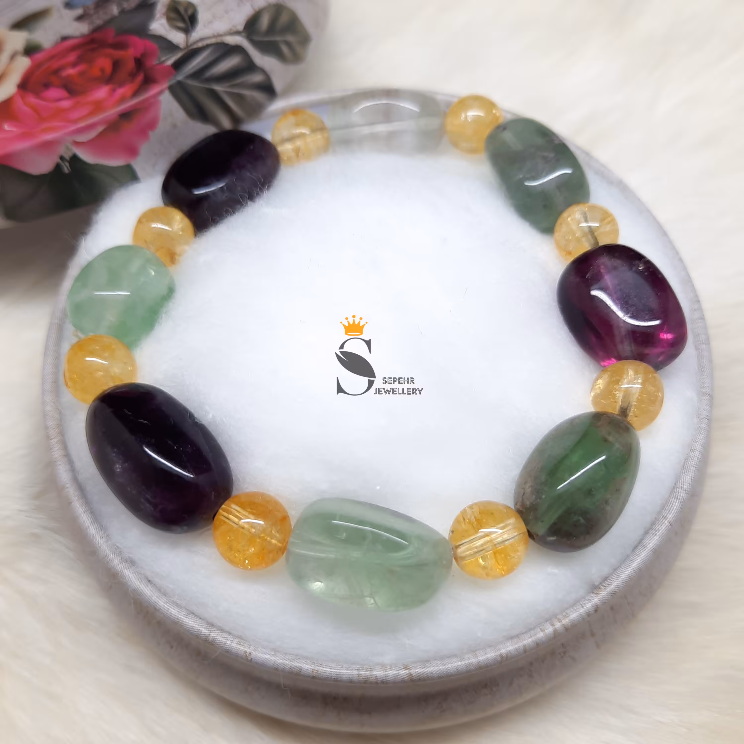 دستبند نفیس میکس فلوریت رنگین کمانی برزیل و سیترین برزیل