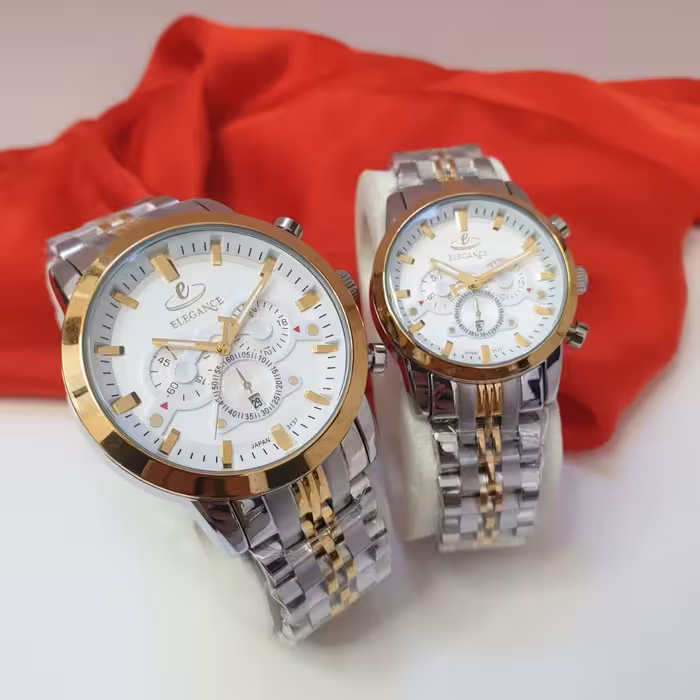 ساعت ست الگانس مردانه و زنانه بند استیل موتور ژاپن درجه یک 