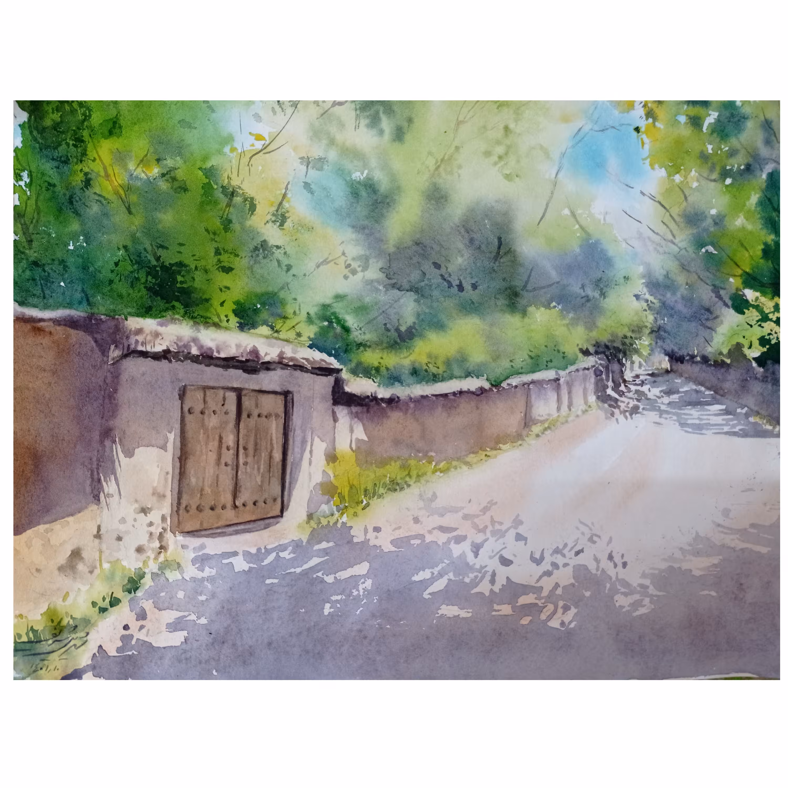 نقاشی آبرنگ برروی مقوای صد در صد کتان با موضوع کوچه باغ های ایران این نقاشی بدون قاب میباشد.