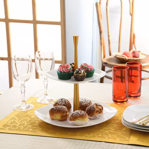 ظرف پذیرایی دو طبقه چینی زرین سفید با پایه استیل طلایی آنودایز