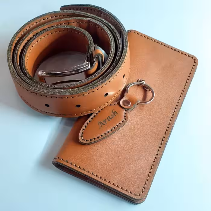 ست کیف و کمربند چرم طبیعی (دست دوز)