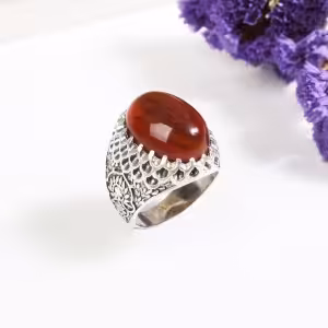 انگشتر نقره مردانه با سنگ عقیق اصل طرح پر نقش