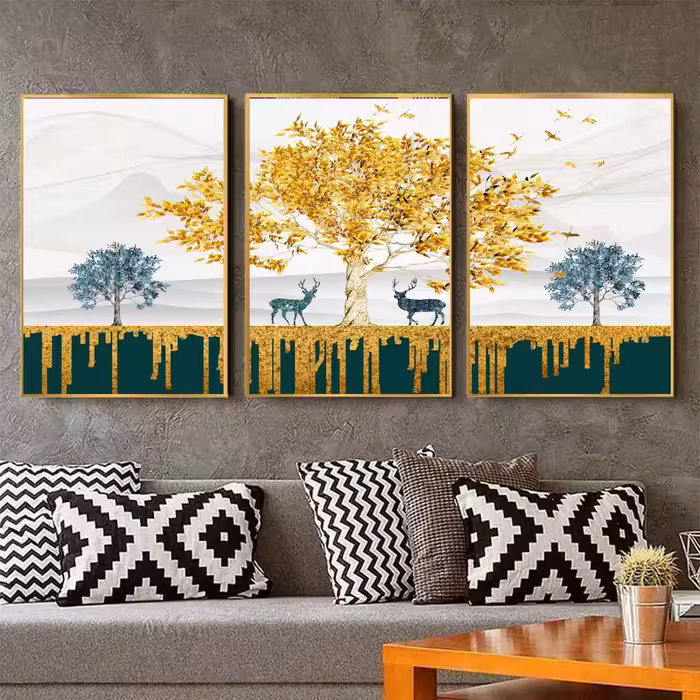 تابلو دکوراتیو فانتزی کاریبو و درخت طلایی سه تکه