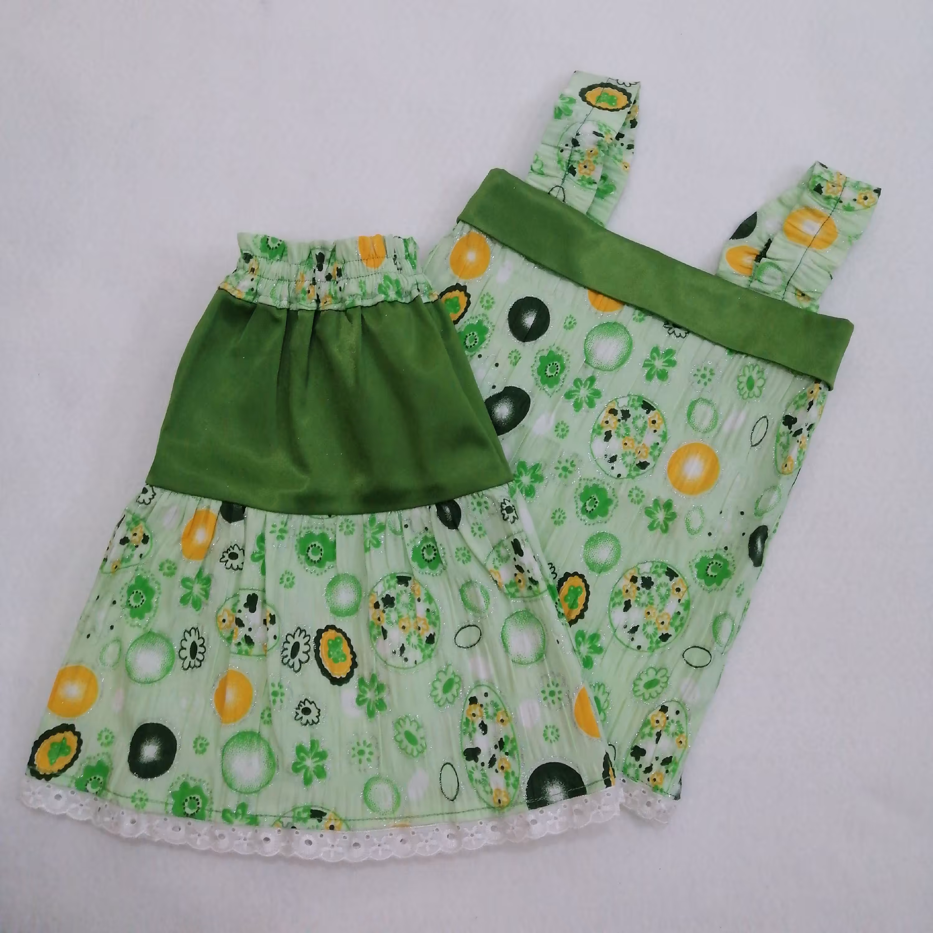 تاپ و دامن بچگانه ترکیبی ساتن و نخی کریشه طرح پفکی اکلیلی رنگ سبز