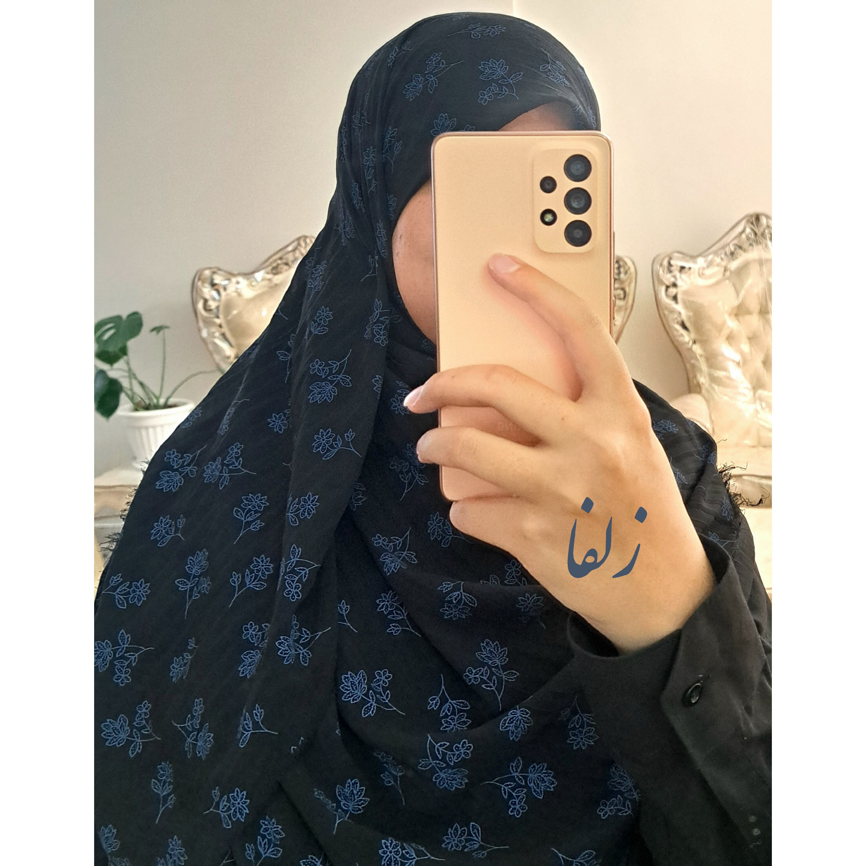 روسری حریر مشکی گلگلی آبی قواره 130