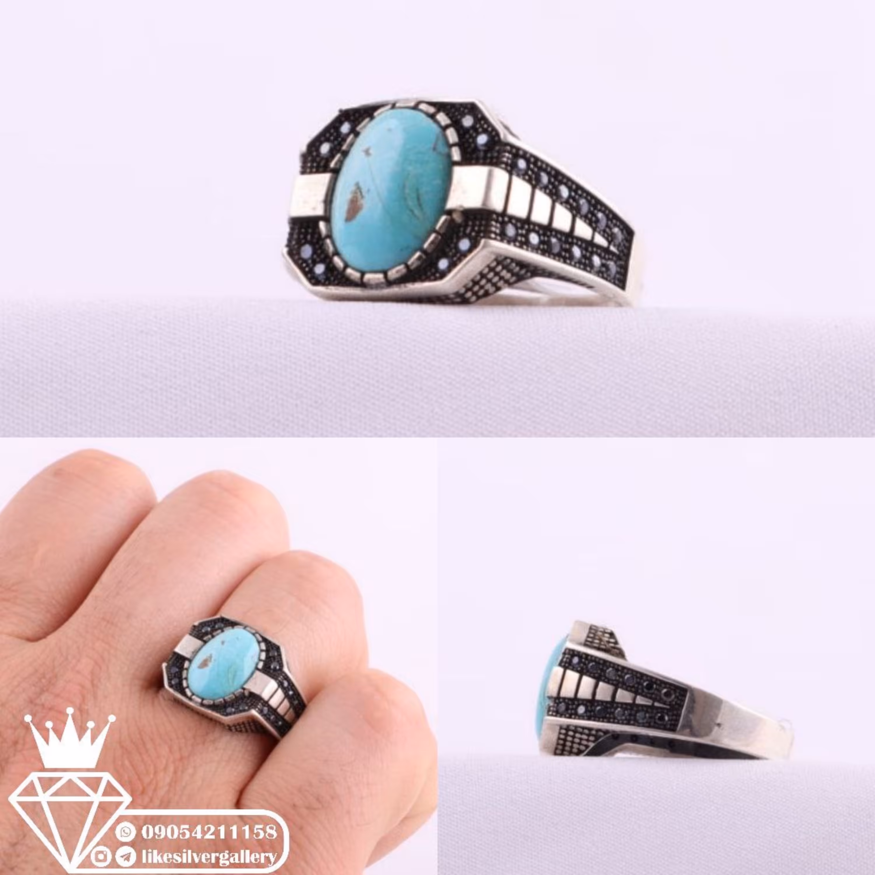 انگشتر فیروزه نیشابوری اصل اثری اسپرت رکاب کارشده با نگین میکرو 