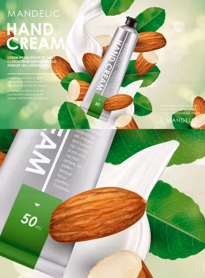 وکتور تبلیغاتی کرم دست بادام تلخ به صورت لایه باز - گرافیک با طعم تربچه