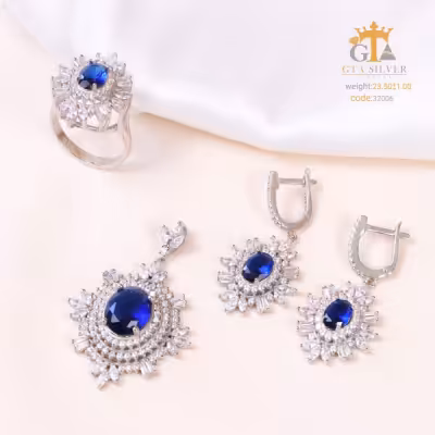 نیم ست نقره زنانه طرح سلطنتی نگین سرمه ای طرح جواهر کد 32006