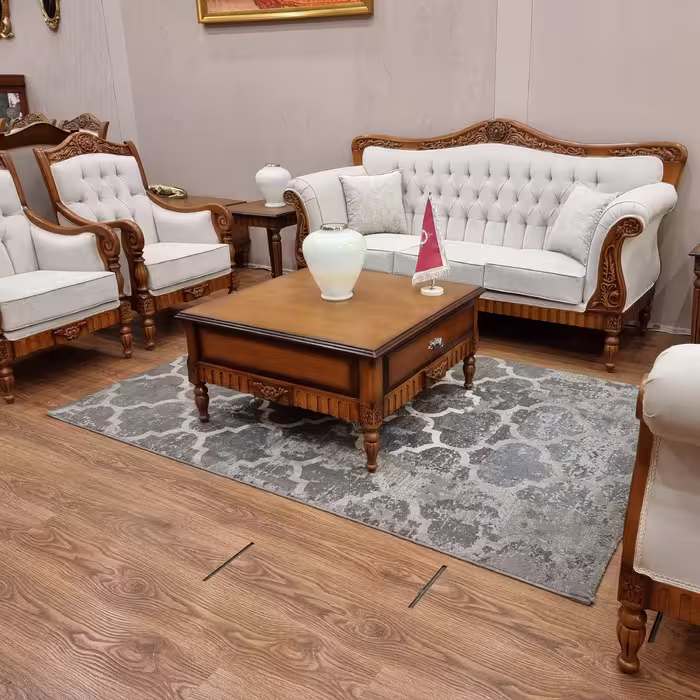 مبل کلاسیک شرکتی هفت نفره مدل یونانی همراه جلو مبلی باکسی دو کشو و دو عدد عسلی پایه بلند(پس کرایه )