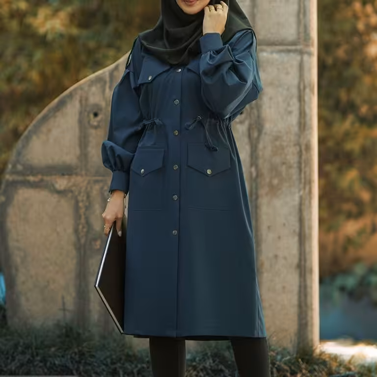 مانتو دانشجویی زنانه بلند کمر گتردار جنس ترگال درجه یک 