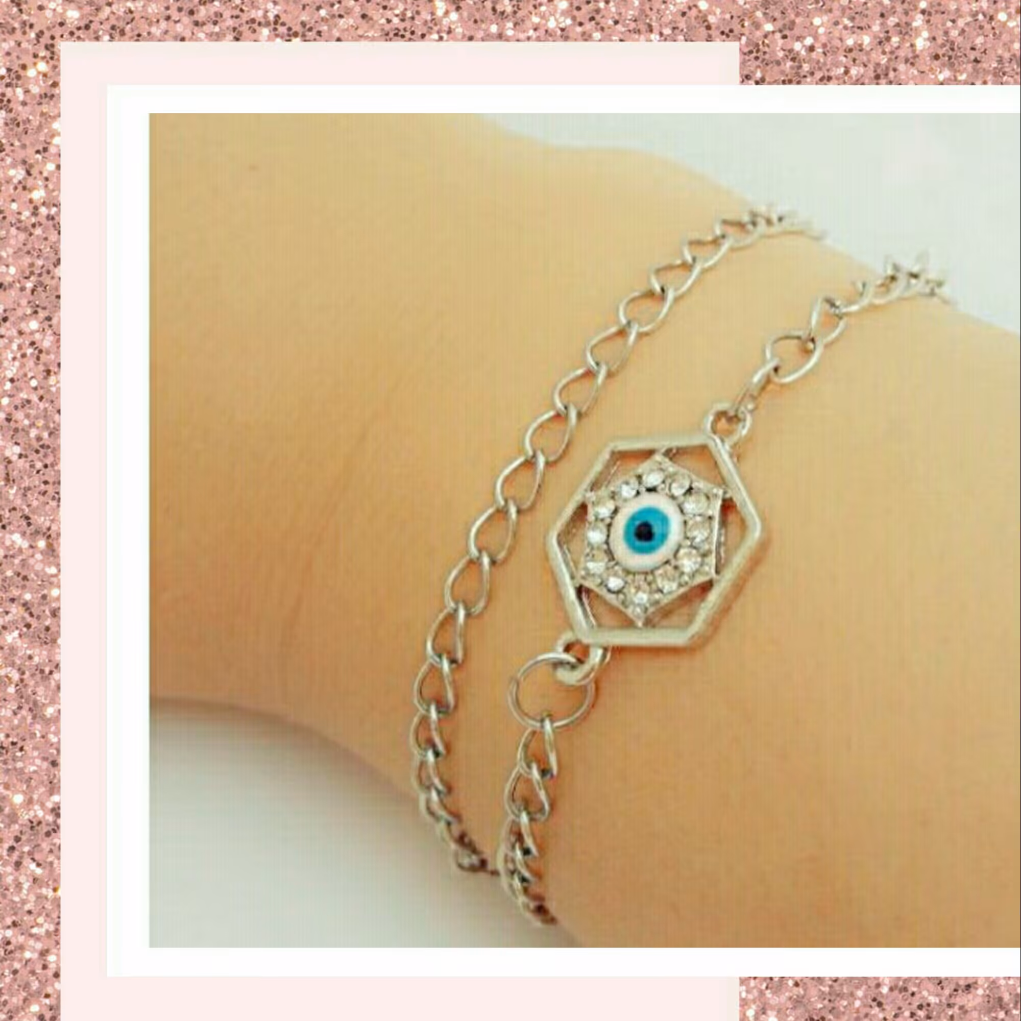 دستبند استیل دو ردیفه چشم نظر نگینی با قفل طوطی و رنگ ثابت