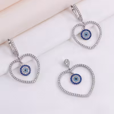 نیم ست نقره زنانه طرح چشم و نظر مدل قلبی کد 16321