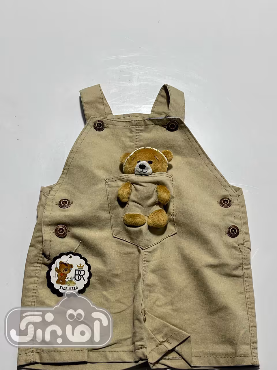 پیشبندی کتان کوتاه بهار طرح خرس عروسکی کرم