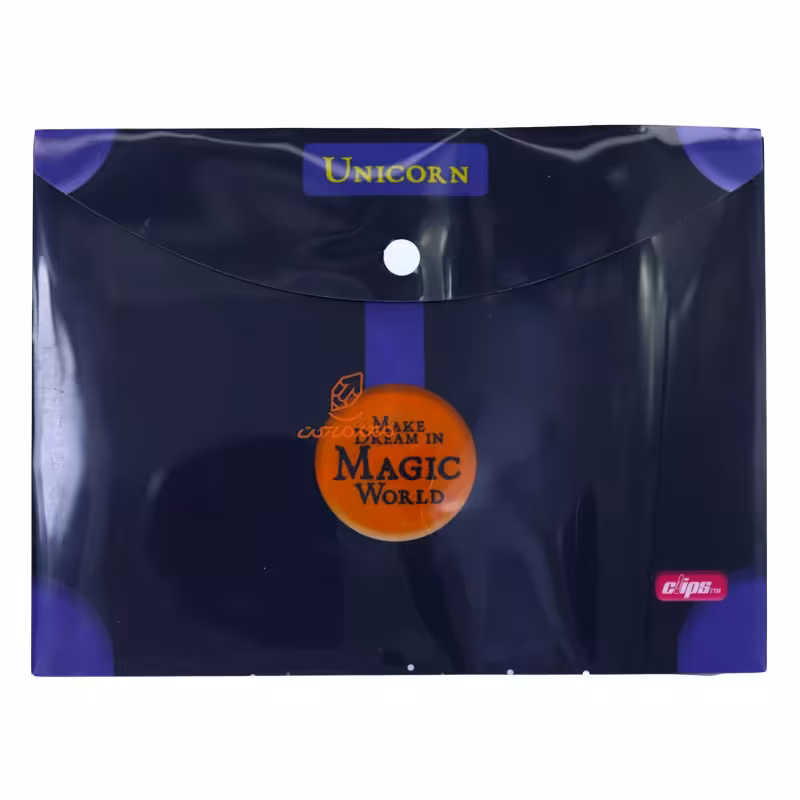 پوشه دکمه دار A5 طرح یونی کورن زمینه سرمه ای 152 کلیپس