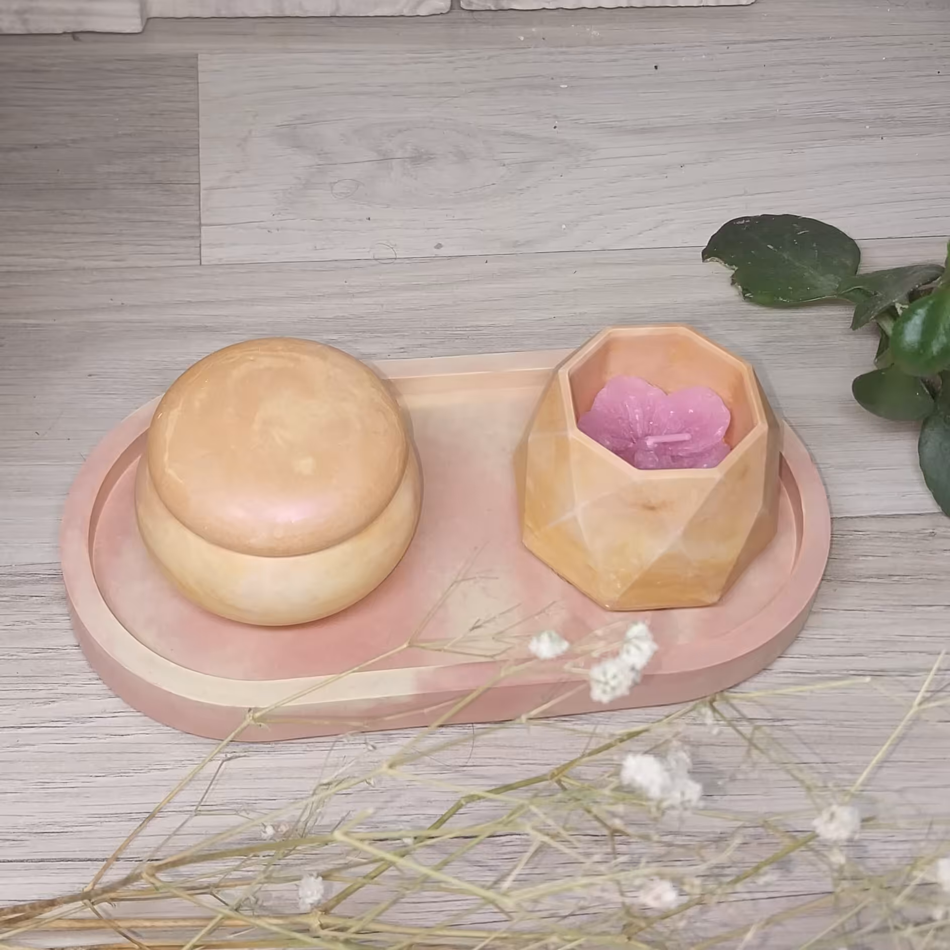 ست سنگ مصنوعی 3 تکه نارنجی سفید شامل سینی و جاجواهری و جا شمعی