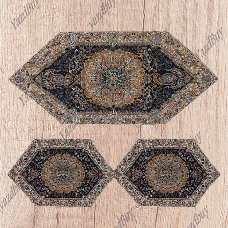 ست 3 تکه رومیزی ترمه افشاری رنگ سرمه ای با کیفیت عالی