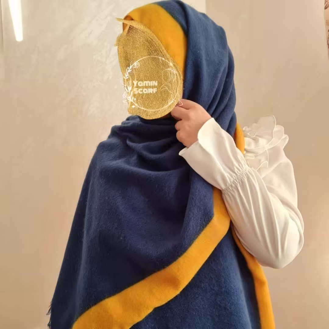 شال موهر پشمی حاشیه دار رنگ آبی زرد قواره2×75