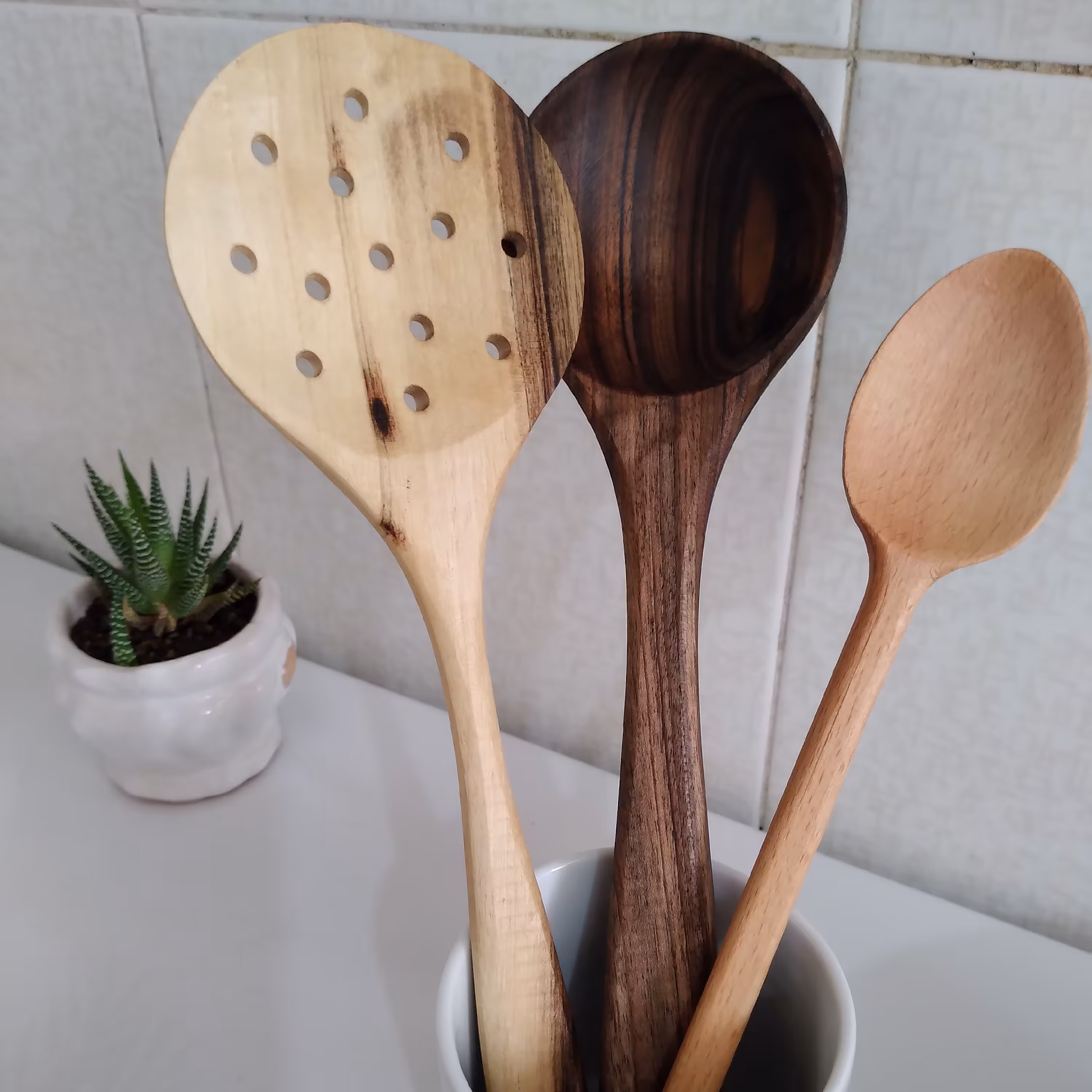 ست سه تایی قاشق ملاقه کفگیر چوبی چوب راش وگردو