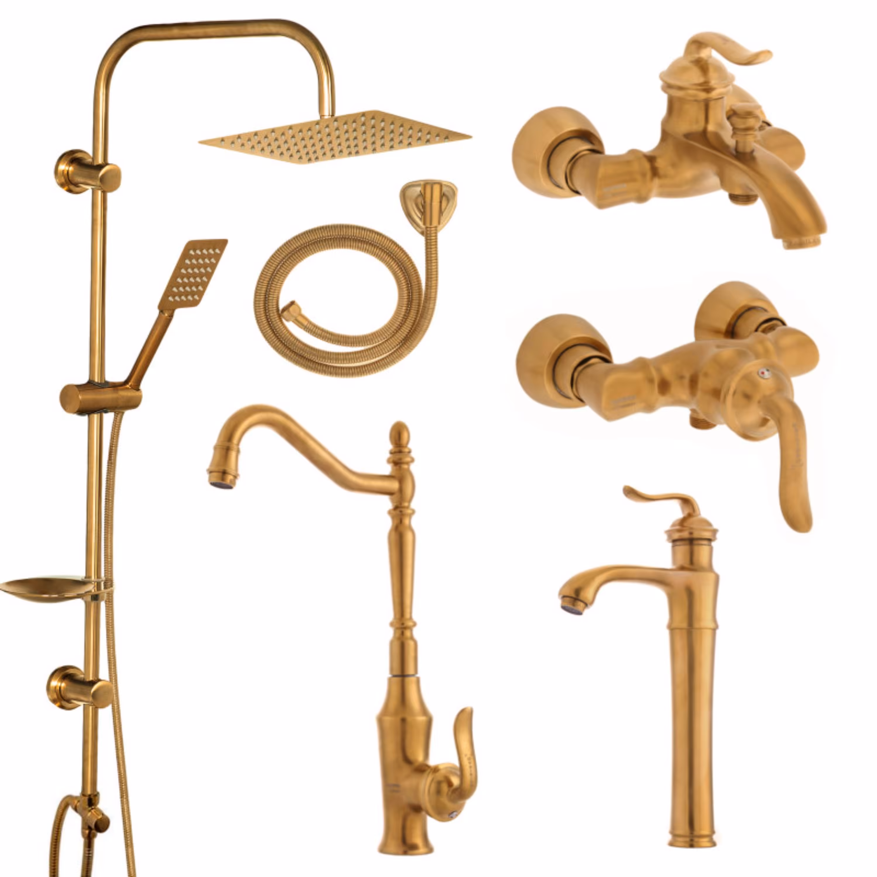 ست شیرآلات مدل هلن(طلامات) به همراه دوش حمام و شلنگ توالت طلایی