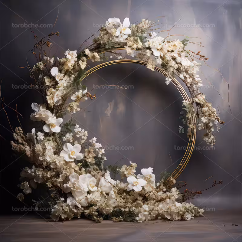 بک دراپ عکاسی عروس و داماد با حلقه گلهای سفید | گرافیک با طعم تربچه