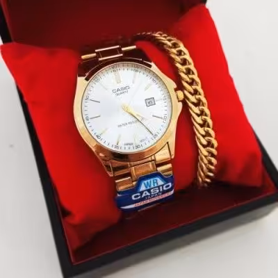 ساعت مردانه کاسیو و دستبند استیل طلایی