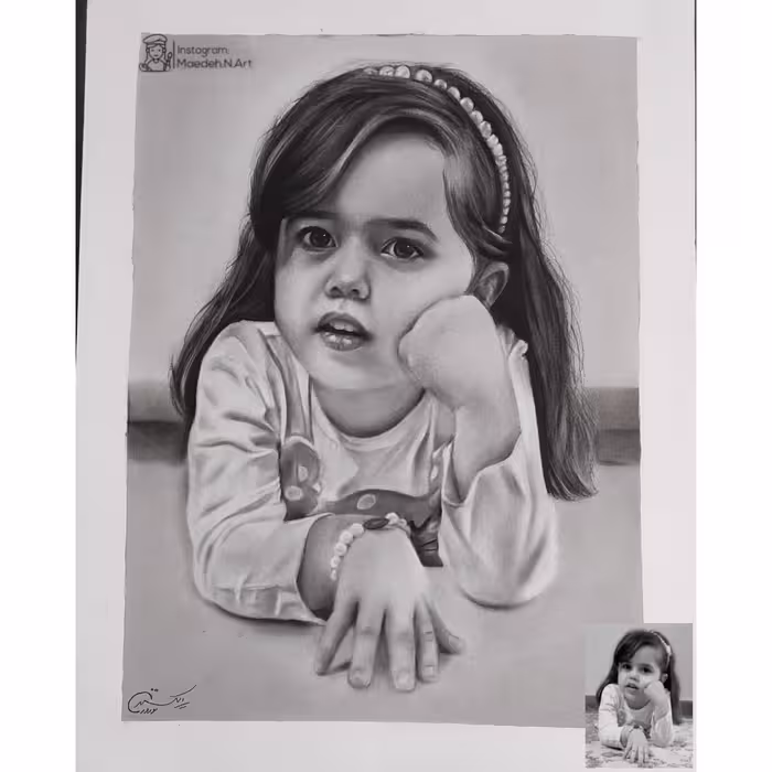 سفارش نقاشی چهره بچه سیاه قلم سایز A3 (بدون قاب)