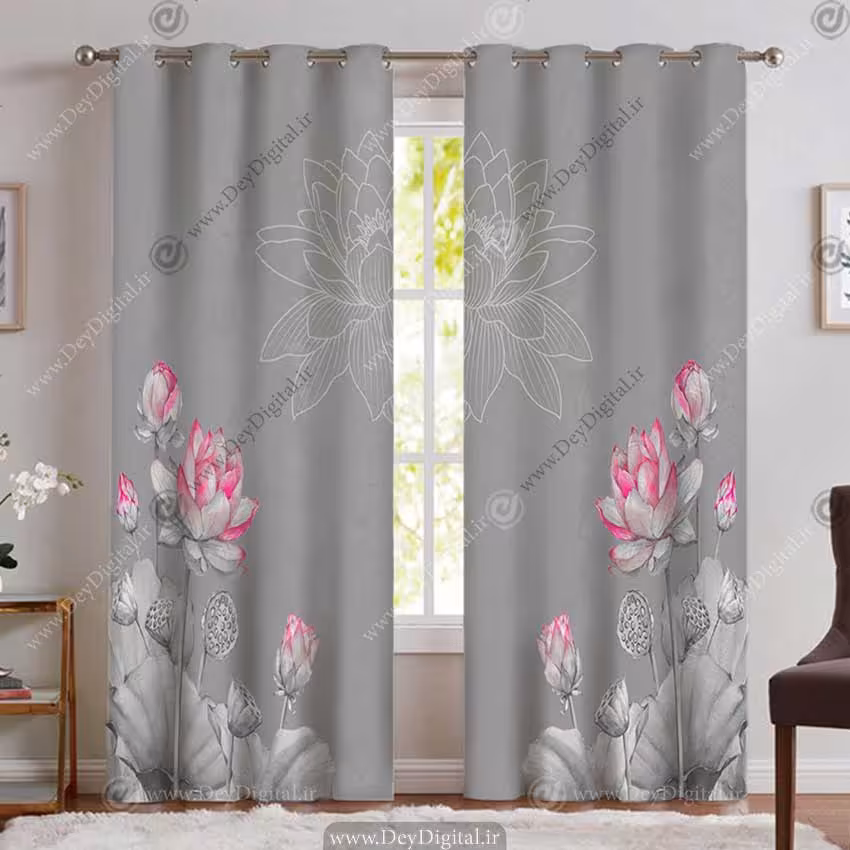 پرده سه بعدی پانچی طرح گل نیلوفر نقاشی با زمینه طوسی PK-5221