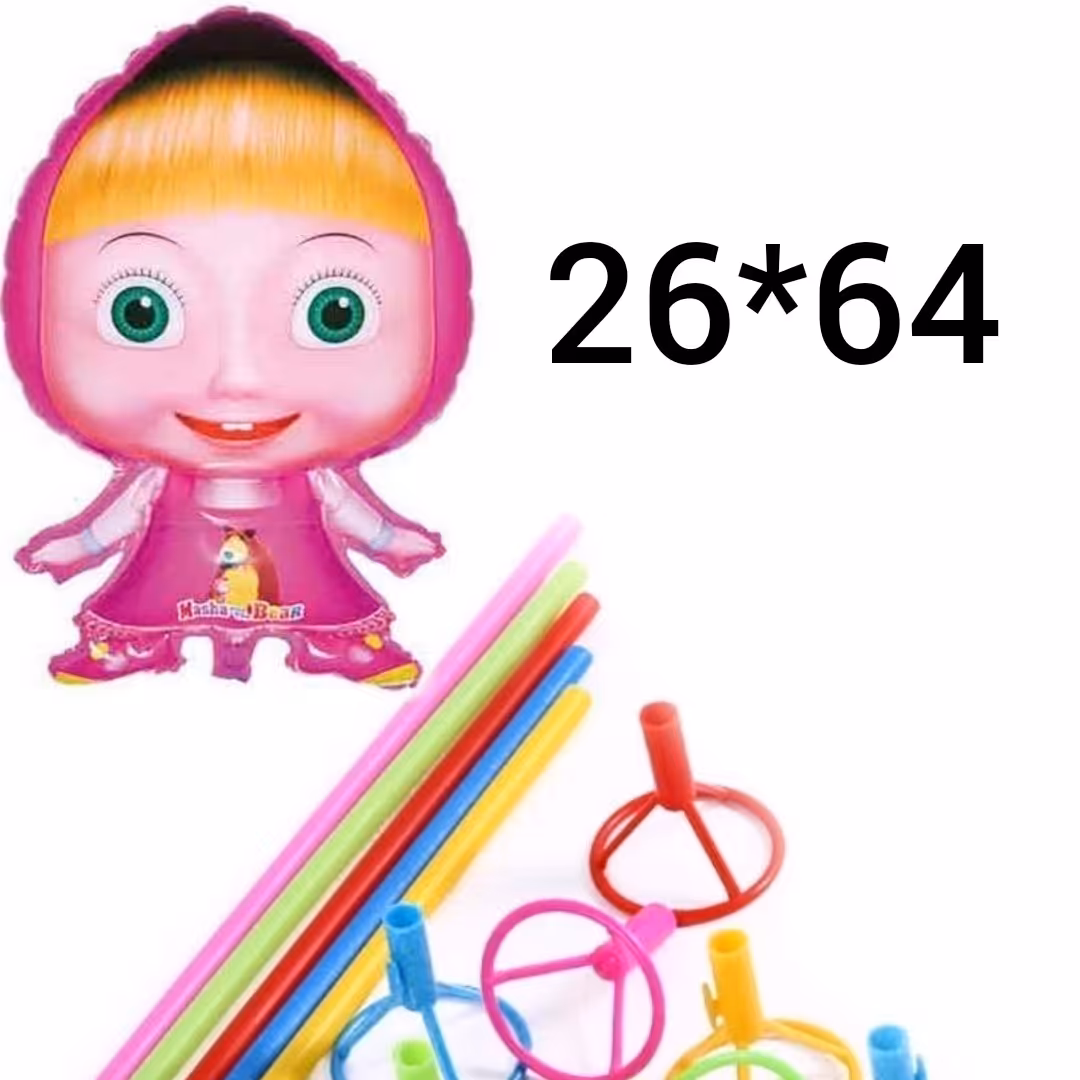 بادکنک فویلی به همراه نی و سر نی 10 عددی طرح ماشا