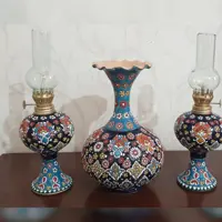 ست دو عددی چراغ گردسوز سفالی میناکاری و گلدان میناکاری طرح فیروزه