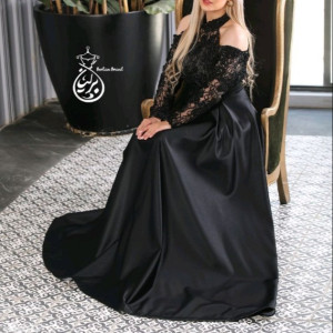 پیراهن مهمانی زنانه ساتن وگیپورقیطون دوزی شده مدل آتوسا