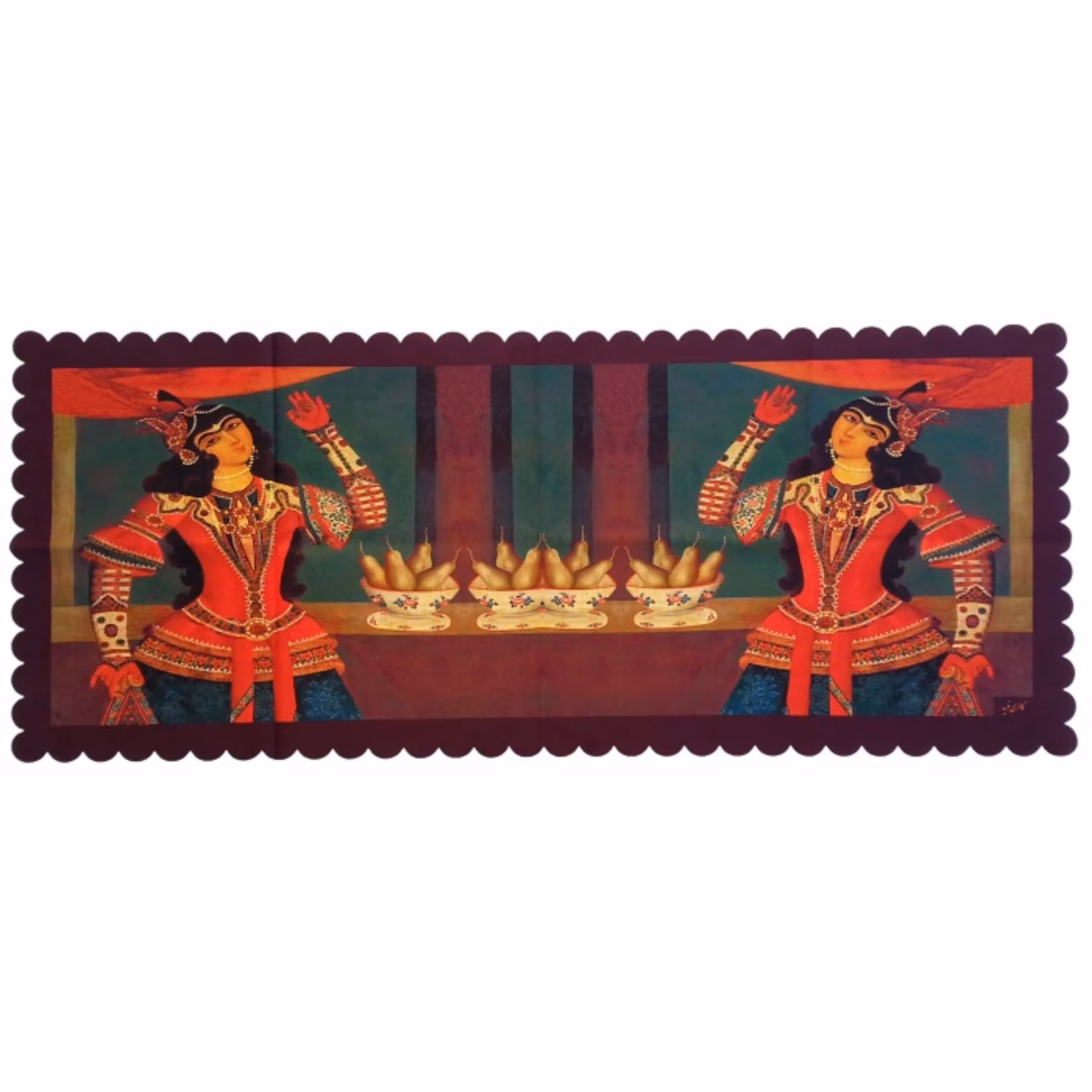 رومیزی مخمل کوبیده جنس و رنگ عالی کد MAKHMOS34 طرح دختر قاجار قرمز سبز بدون آستر