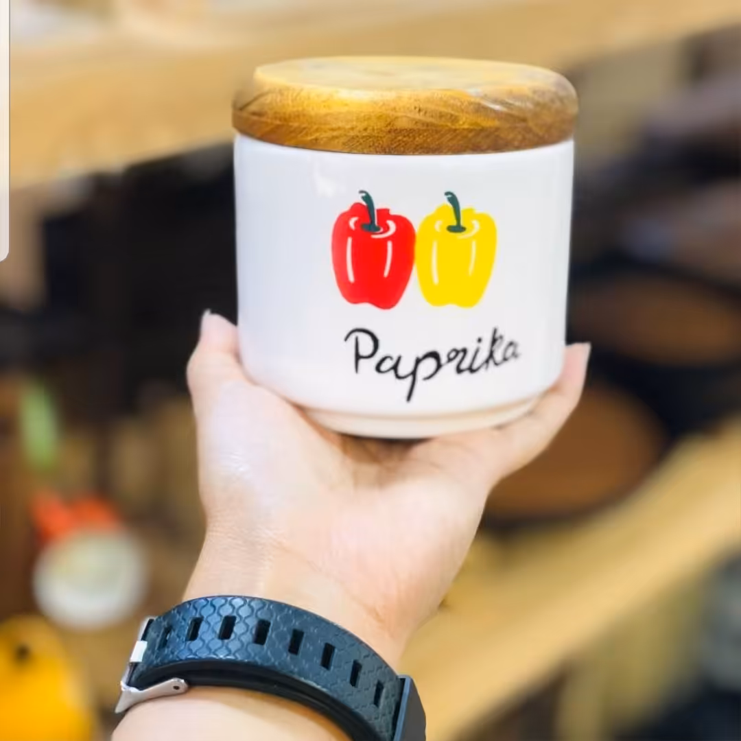 بانکه سرامیکی نمک وفلفل و زردچوبه و دارچین در چوبی