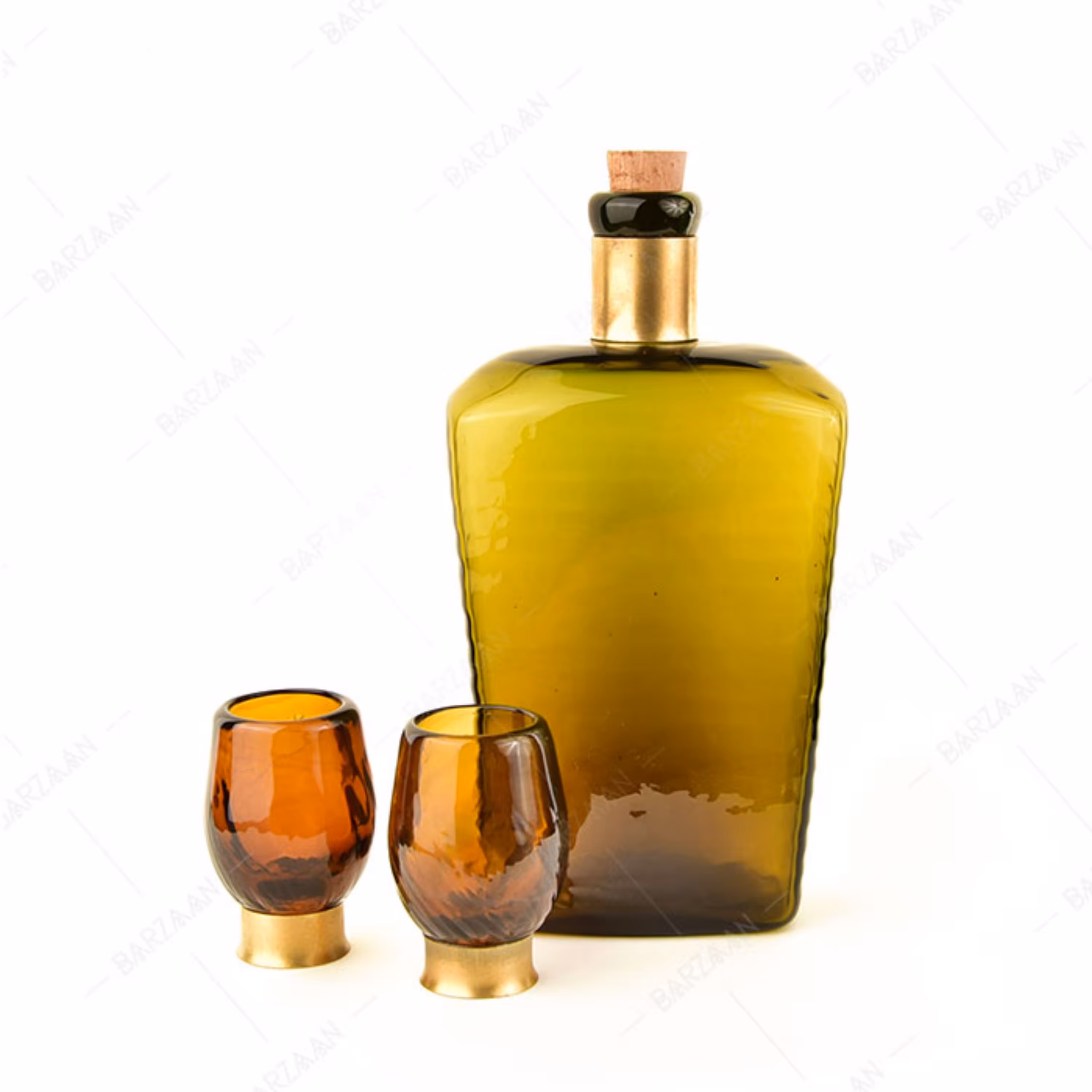 بطری و دو عدد شات دست ساز  آبگینه رنگ عسلی- کد 012 