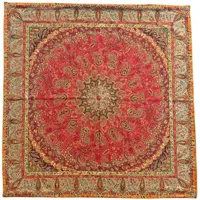 رومیزی مربع ترمه ابریشم کد TRM178 نفیس رنگ قرمز مات آستر زرشکی مغزی دوزی